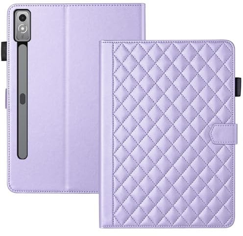 Case for Lenovo Idea Tab Pro 12.7 inch 2025, PU Leather Cover with Pencil Holder KickStand Card Slots Shockproof Military Grade Protective Cover Diamond Square Purple
