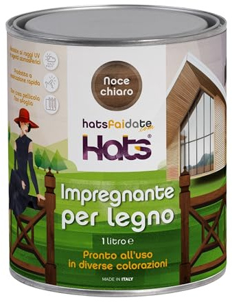 Hats - Impregnante Legno Esterno – NOCE SCURO 1L - Pronto uso - Effetto Naturale - Resistente intemperie e raggi UV - Indicato per manufatti in legno – Asciugatura Rapida – Made in Italy