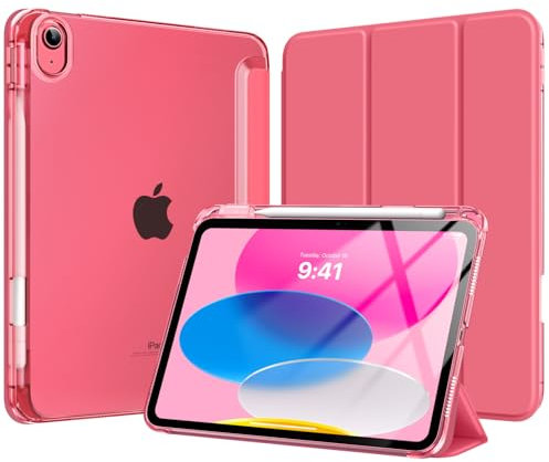 MoKo Custodia per iPad 11 Pollici (A16) 11a Generazione, iPad 10a Gen 10,9 2022 con Portapenna, iPad 10a Gen Cover Trifold Sottile e Leggera con Retro in PC Rigido Traslucido, Anguria Rosa