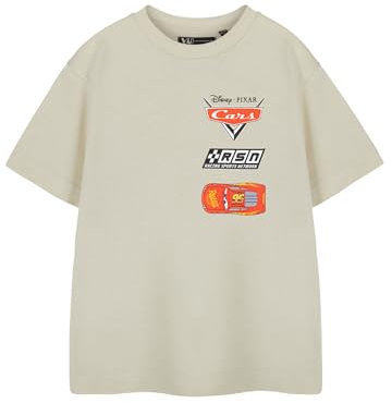 Disney Cars Lightning McQueen Jungen-T-Shirt mit Grafik in Beige | Klassisches Kurzarm-T-Shirt mit Rundhalsausschnitt | Pixar Cartoon Racing Sports Network Bekleidung | Lässige Alltagsware