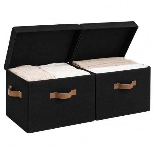 StorageWorks Fabric Storage Boxes with Lids, Large Stackable Storage Boxes for Clothes, Decorative Organiser Boxes with Lids, Shelf Basket with Lids, Storage Basket for Shelves, Black, 2-Pack