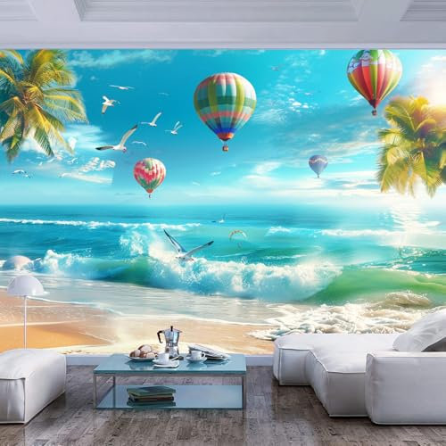 Autoadhesivo Removible fotomurales decorativos pared 3d Paisaje de palmeras olas y puesta de sol en la playa restaurante oficina habitación los niños familiar pasillo tapiz artístico murales Pintura