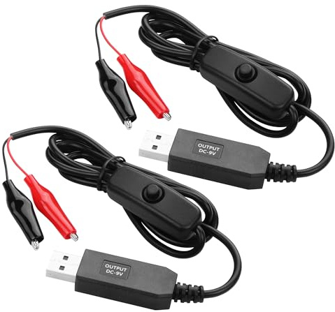 PNGKNYOCN USB to 9V Alligators Clips Cable with Power Control Button,USB Male to Alligator Clips Voltage Step Up Converter Cable (2 Pack)