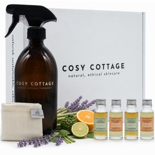 Cosy Cottage Biodegradable Cleaning Spray Complete Starter Kit | 4 x 15ml Makes up to 2L | Plant Based Cleaner Spray | Lavender, Lemongrass, Sweet Orange & Bergamot | Cleaning Products Gift Bundle