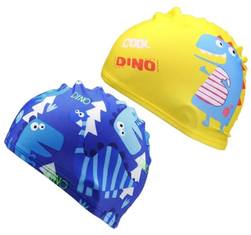 FIQLUL 2 Pezzi Cuffia Piscina Bambino in Tessuto Morbido, Cuffie Nuoto per Bambini e Neonati 1-8 Anni, Cuffia Piscina Bambina con Motivo Dinosauro, Asciugatura Rapida per Mare e Lezioni di Nuoto