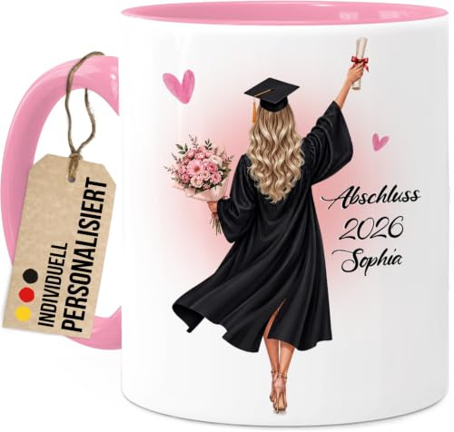 Tassenliebling® - Bachelor Master PhD Abitur Abschluss 2026 Tasse Schwarz personalisierbar - Personalisiertes Geschenk - Absolventin Doktor Frauen Damen Schulabschluss Abi - 330ml Keramik (Rosa)