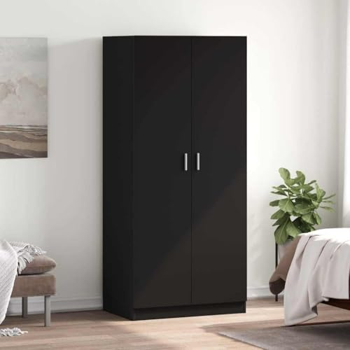 LoogCape Armadio nero, 80 x 52 x 180 cm, in legno con 2 ante, asta appendiabiti, scomparto, specchio, porta scorrevole, multiuso, sistema di stoccaggio per camera da letto, corridoio, bambini