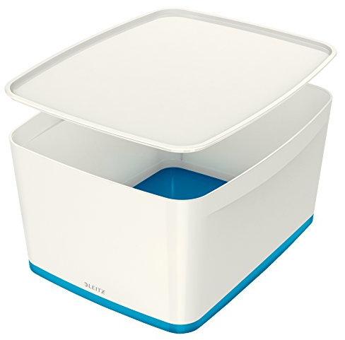 Leitz Large MyBox with Lid, Storage Box for Home and Office, High Gloss Plastic, 18 Litre, A4, White/Blue Metallic