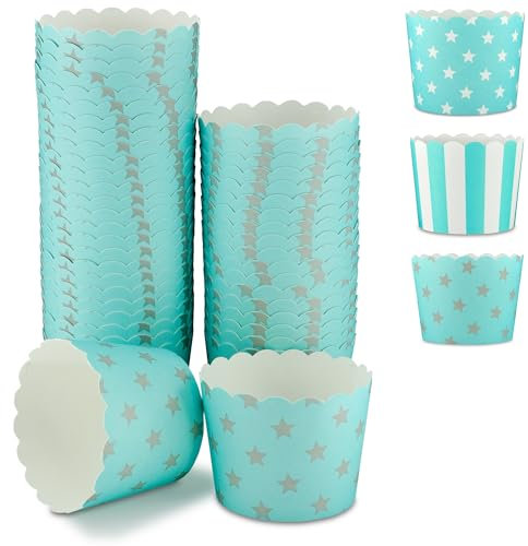 Frau WunderVoll® 25 Muffin Backformen türkis Mint, graue Sterne, Durchmesser 5 cm/Muffins Muffinbackform Muffinform Form Backförmchen Cupcake Formen Förmchen Papier Cupcakeformen