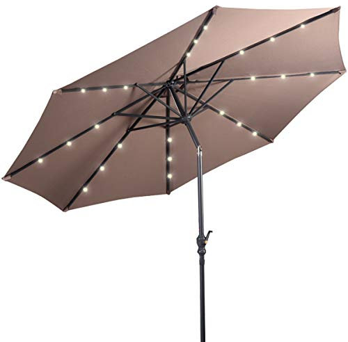 COSTWAY Parasol de Jardin Extérieur Ø 300 CM, Parasol Inclinable Lumineux Solaire avec 24 LED, Parasol Droit avec Manivelle et 8 Baleines Métalliques Robustes, pour Balcon Jardin Terrasse(Brun)