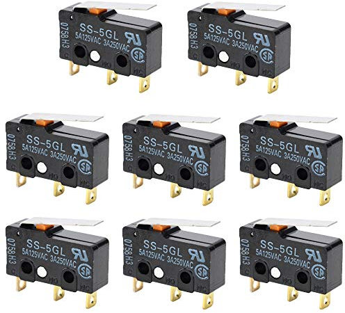 CESFONJER 8 pezzi Micro Interruttore, SS-5GL 5A 250V Finecorsa,3 pin Leva Cerniera Lunga,Braccio Pulsante Attuatore Momentaneo (Nero)