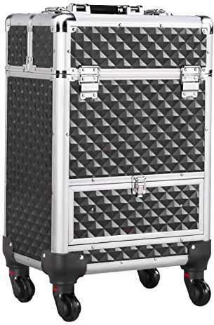 Yaheetech Professional Makeup Case Beauty Trolley Hairdressing Case on Wheels Vanity Case with Drawer Black/Silver