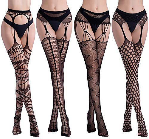 Diealles Shine 4PCS Collants Ouverts Entrejambe, Collant Bas Résille Porte Jarretelle Venitien Chandelier Sexy Dentelle Stockings