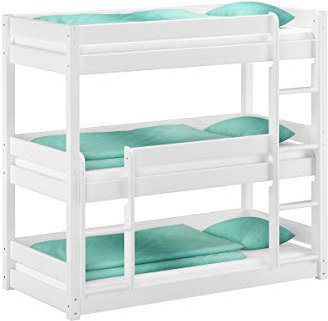 Erst-Holz Weíßes Dreier-Etagenbett für Erwachsene Stockbett für drei Personen 90x200 Kiefer weiß V-60.03-09W, Ausstattung:Rollrost inkl.