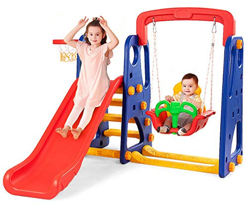 COSTWAY 3 en 1 Toboggan Enfants avec Balançoire & Panier de Basketball, Aire de Jeu avec Coins Arrondis, Jouet d’Escalade pour Enfants de 3 à 8 Ans