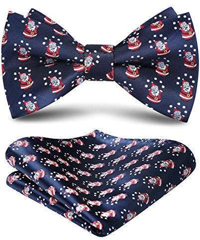 HISDERN Fliege Weihnachten Herren Vorgebunden Fliege mit Einstecktuch Set Weihnachts Dunkelblau Smoking Herrenfliegen und Taschentuch für Xmas Zubehor