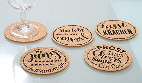 GILDE - 42411 - Untersetzer, rund, Feinkork, 4er Set mit Sprüchen, 10cm x 10cm x 0,3cm, braun, Bedruckt