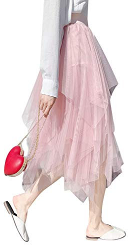Carolilly Gonna in Tulle Irregolare da Donna Gonna Lunga a Vita Alta Elastica Gonna a Pieghe Donna Balletto Principessa Elegante Minigonna in Pizzo Abito Ragazza (Rosa, One Size)