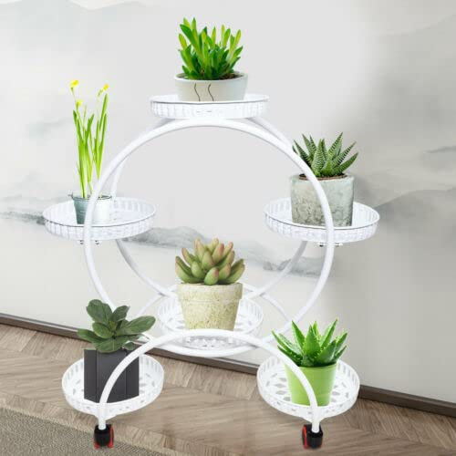 SHZICMY Estantería para flores, soporte para plantas con ruedas, de hierro fundido, para plantas, banco para flores para interior y exterior, decoración con seis bandejas grandes (blanco)