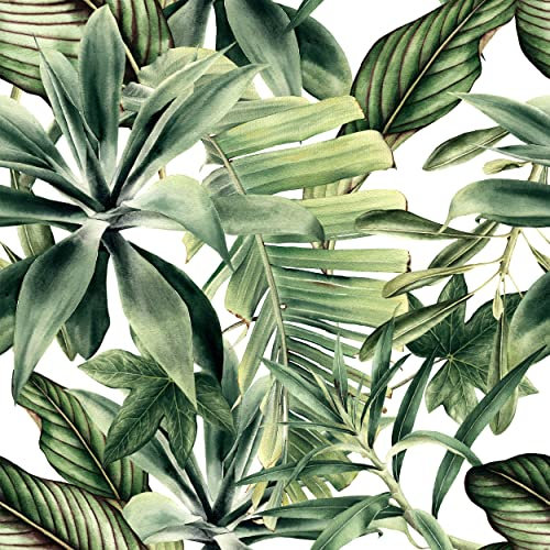 decomonkey Fototapete | Tapetenrolle 10 m Tapete Vliestapete Deko Panel Modern Design Wanddeko Wandtapete Wohnzimmer Schlafzimmer | Weiß Grün Blumen Pflanzen Vlies Dschungel