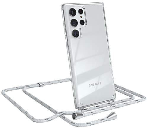 EAZY CASE Handykette kompatibel mit Samsung Galaxy S22 Ultra 5G Handyhülle mit Umhängeband, Handykordel mit Schutzhülle, Silikonhülle, Hülle, Stylische Kette für Smartphone, Weiß/Silber