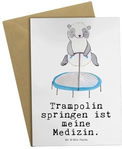 Mr. & Mrs. Panda Klappkarte Panda Trampolin springen - Geschenk, Grußkarten, dankeskarten, Fitnessstudio, Turnen, weihnachtskarten, Glückwunschkarte, osterkarten, Trampolin-Übungen, einladungskarten