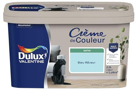 Dulux Valentine Crème de Couleur - Peinture multi-supports intérieure - Satin Bleu Rêveur 2,5 L