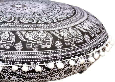 Runder Mandala-Bodenkissenbezug, Sitzkissen, Überwurf, Hippie, dekorativer Bohemian-Pouf-Bezug, Pompom-Kissenbezüge, Boho-Indisch, 55,9 cm (schwarzer Elefanten)