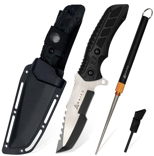 Naifu® - El Survivor Coltello Sopravvivenza Lama Fissa in acciaio inossidabile (3CR13) Lama da 9,5 cm Coltello Bushcraft con accendino integrato e affilatore per coltelli coltello da caccia