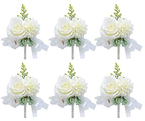 Uposao 6 Stück Boutonniere Rose Hochzeit Künstliche Handgefertigte Satin Hochzeit Ansteckblume bräutigam Trauzeugen Handarbeit Corsage Knopfloch Blumen für Bräutigam Herren Braut Frauen,Weiß