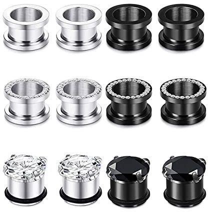 Tunnel Plug Edelstahl, Plug 5mm Silberner Schwarzer Reifen Zirkonia 12er Set Ohr Gauges Schmuck Flesh Damen Herren 4G
