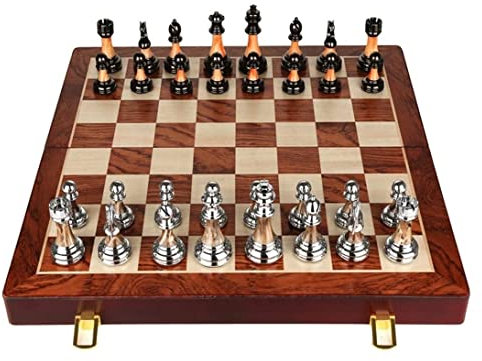RUTAVM Schach Hölzernes Metall-Schachspiel Mit Klappbarem Schachbrett Aus Massivholz Und Jade-Imitat-Schachfiguren Tischspiel