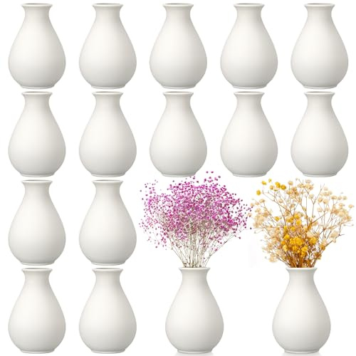 Tioncy Weiße Keramikvasen im Boho-Stil, kleine Blumenvasen, weiße Keramikvasen für Tafelaufsätze für trockene Blumen, Pampasgras, Zuhause, Hochzeit, Tischdekoration (9,9 x 7 cm, klassisch), 15 Stück