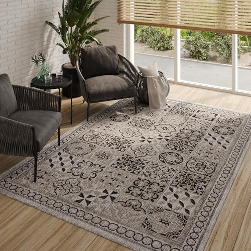 TAPISO Melissa Teppich Outdoor Grau Schwarz Mosaik Indoor Küche Flur Wohnzimmer Schlafzimmer Balkon Terrasse Kurzflor Flachgewebe ÖKO-TEX 140 x 200 cm