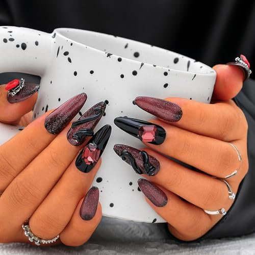 Sethexy Punk Handmade Press On Nails Long Stiletto Acrylic False Nails with Design Glossy Rhinestone Salon Fake Nail for Women and Girls 10PCS (Dark Red)