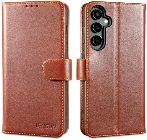 LENSUN Funda para Samsung Galaxy S23 FE 5G, Carcasa Cuero Genuino [Bloqueo RFID] con Tapa Cierre Magnetico y Ranuras para Tarjetas Cartera Libro Protección movil Galaxy S23FE- Marron Oscuro