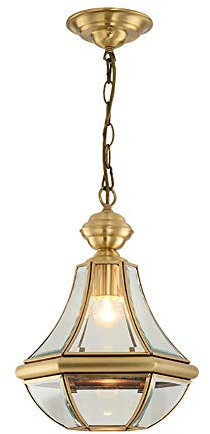 Lampe à suspension rétro de style campagnard de ferme avec mini lustre en verre transparent, luminaire suspendu pour îlot de cuisine, plafonnier vintage finition laiton, verre transparent 26x28 cm