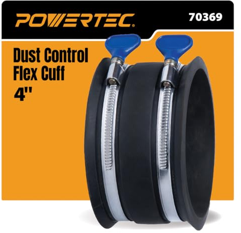 POWERTEC 70369 4 Inch Dust Control Flex Cuff with Adjustable Key Hose Clamps, Hose Connector Rubber Cuff Coupler for Woodworking Dust Collection Fittings, Dust Collector Accessories & Machinery, 1pk
