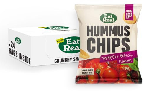 Eat Real, Hummus Chips, Tomato and Basil, 24 X 22g, Gluten-Free Crisps Multipack, Vegan-Friendly, Healthy Snacks, Plant-Based