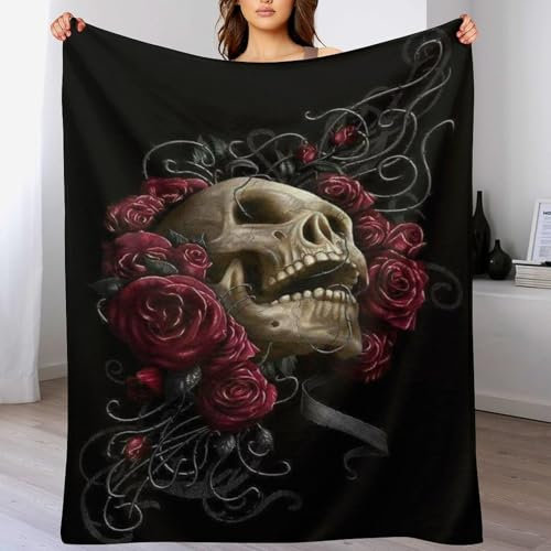 PAZZK Rose Skull Decke Fleecedecke Geschenk Damen Männer Mädchen Jungen Vier Jahreszeiten Super Weich Und Bequem Plüschdecke Sofa Schlafsofa Büro（130×180cm）
