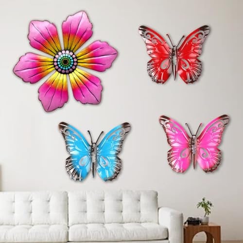 BSITSSS 3PCS Metal Butterfly Wall Decor, Metal Garden Butterfly Wall Art Decor, Colorful Wall Sculptures with 1PCS Flowers Decorations Hanging Ornaments for Garden Fence Home
