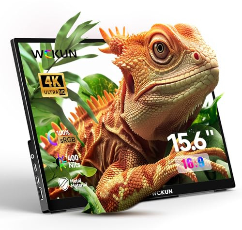 WCKUN 4K UHD 3840*2160P Portable Monitor, Metal Case, Kickstand & Dual Speaker, Gaming Monitor, Travel Monitor, Plug and Play, for Laptop PC Phone Xbox,
