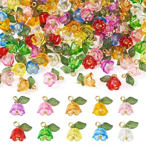 Beadthoven Lilienblumen-Anhänger, transparent, Acryl, Maiglöckchen, Blütenblatt-Anhänger mit Blatt, für DIY-Ohrringe, Halsketten, Schmuckherstellung, 10 Farben