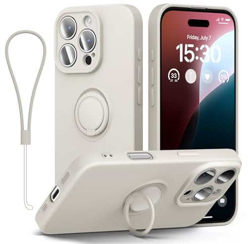 abitku for iPhone 16 Pro Max Case with Ring Stand, Liquid Silicone Slim Design Support Magnetic Car Mount (with Wrist Strap Lanyard) Phone Cover for iPhone 16 Pro Max 6.9 inch (White Stone)