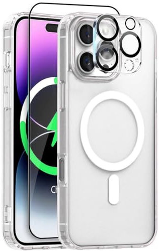 BAFUGU Cover per iPhone 16 Pro, Compatibile con MagSafe, Con Vetro Temperato Pellicola Protettiva e Lente Fotocamera Protezione, Custodia Traslucida Opaco, Protezione di Livello Militare-Trasparente