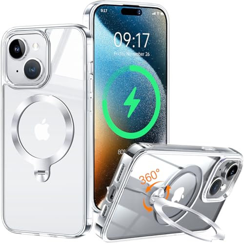 HaloArt 360° Rolatif Support Magnétique Coque pour iPhone 15 [CD Anneau Support Stable pour Mag-Safe] [N°1 Puissance Magnétique & Antichoc Protection Militaire] Coque Fine Durable, Transparent