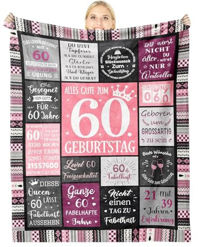 PRITOK Kuscheldecke Geburtstagsgeschenk für Frauen: Geschenke für Frauen 60 Jahre, Kuscheldecke Geschenke zum Frauen für Mama, Mädchen, Frau, Schwester, Freundin 130 * 150cm Happy Birthday Deko Decke