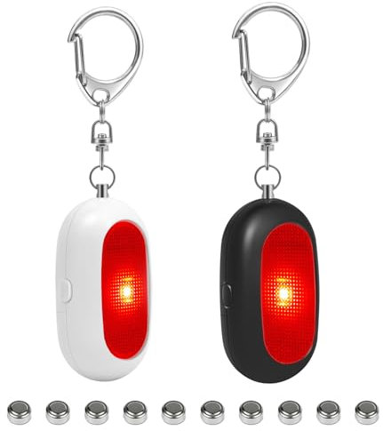 Shackcom 2pcs Alarme Personnelle 125dB Alarme de Poche avec Lumière Flash LED Avertisseur Alarme de Sécurité avec Piles Anti Agression Porte-Clés pour Femme Enfants Personnes Agées - Blanc+Noir
