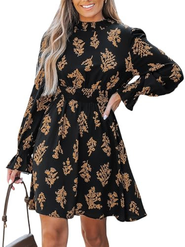 CUPSHE Women's Mock Neck Floral Mini Fall Dress Long Ruffle Sleeve Elastic Waist Smocked Casual Flowying Autumn Dresses Black Floral XL