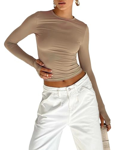 Women's Slim Fit Crop Tops Casual Solid Color Crew Neck Long Sleeve Tight T-Shirt Basic Blouse Tee Tops (X-Khaki with Thumb Holes, L)
